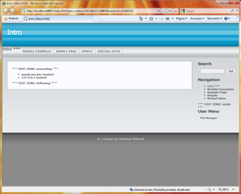 Screenshot of the first MeshCMS 4 page with a real theme applied